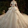 Champagne Tulle Lace Long Sleeve Beading Wedding Dress - VINAVA