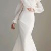 Off shoulder wedding dress with Organza Puff Sleeves White -vinava