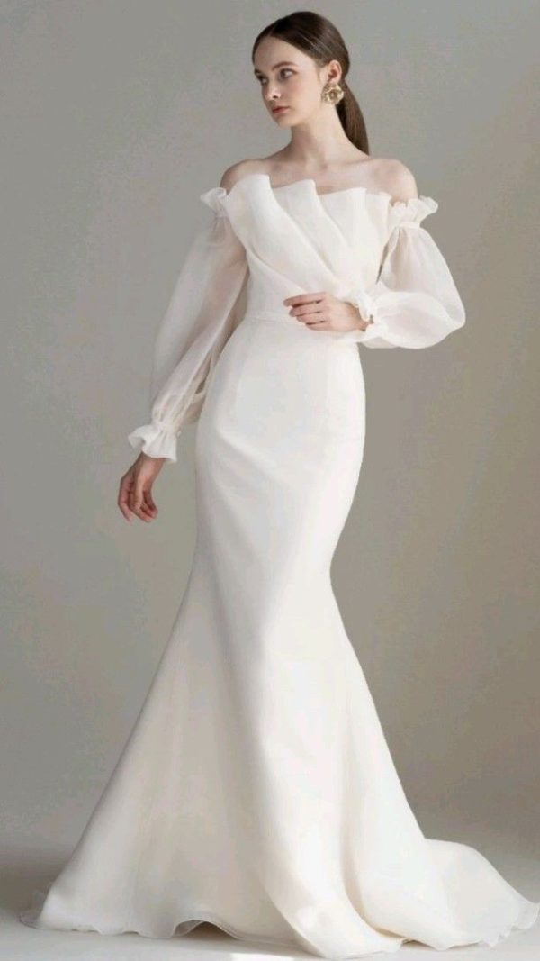 Off shoulder wedding dress with Organza Puff Sleeves White -vinava